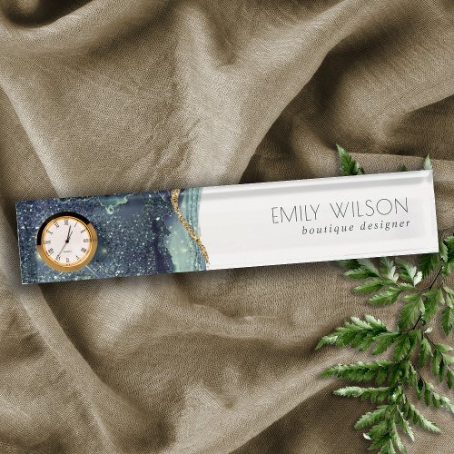 Abstract Alcohol Ink Silver Navy Blue Glitter  Desk Name Plate