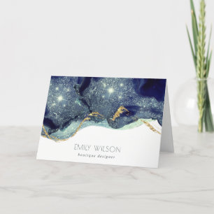 Abstract Alcohol Ink Silver Navy Blue Glitter Letterpress Thank You Card