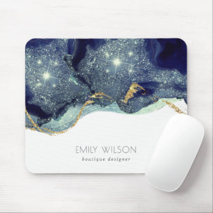 Abstract Alcohol Ink Silver Navy Blue Glitter Mouse Pad