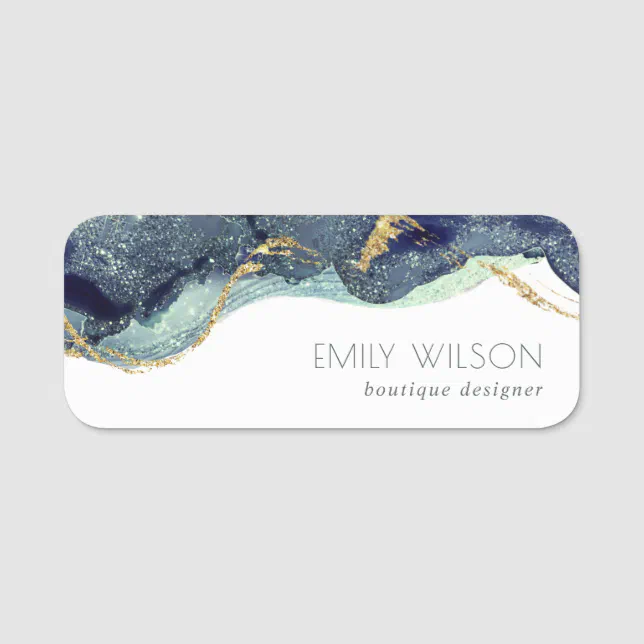 Abstract Alcohol Ink Silver Navy Blue Glitter Name Tag | Zazzle