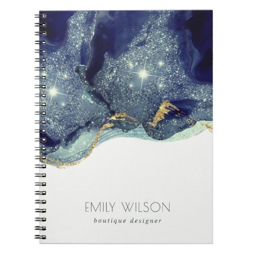 Abstract Alcohol Ink Silver Navy Blue Glitter Notebook