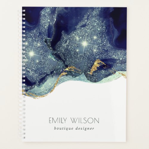 Abstract Alcohol Ink Silver Navy Blue Glitter Planner