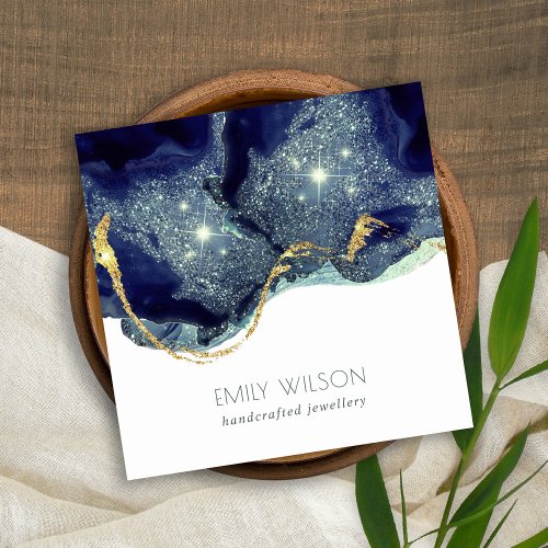 Abstract Alcohol Ink Silver Navy Blue Glitter Square Business Card