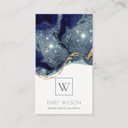 Abstract Alcohol Ink Silver Navy Glitter Monogram Business Card