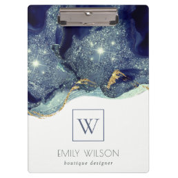 Abstract Alcohol Ink Silver Navy Glitter Monogram Clipboard