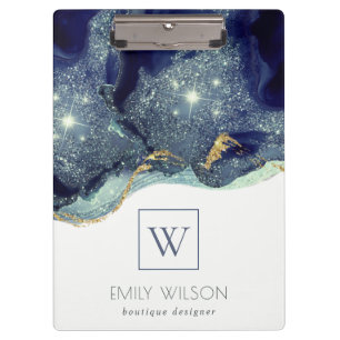 Abstract Alcohol Ink Silver Navy Glitter Monogram Clipboard