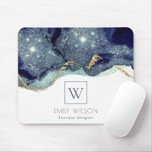 Abstract Alcohol Ink Silver Navy Glitter Monogram Mouse Pad