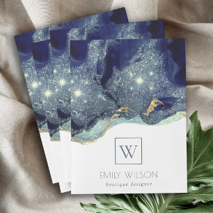 Abstract Alcohol Ink Silver Navy Glitter Monogram Pocket Folder