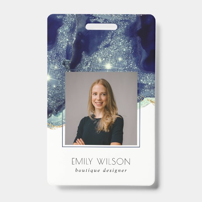 Abstract Alcohol Ink Silver Navy  Glitter Photo Badge (Front)