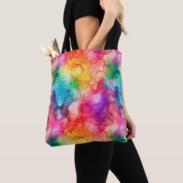 Abstract Alcohol Ink Style Rainbow Tote Bag (Close Up)