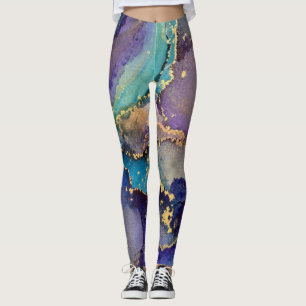 Abstract Alcohol Ink Teal Purple Blue & Gold Leggings