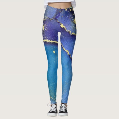 Abstract Alcohol Ink Teal Purple Blue  Gold Leggings