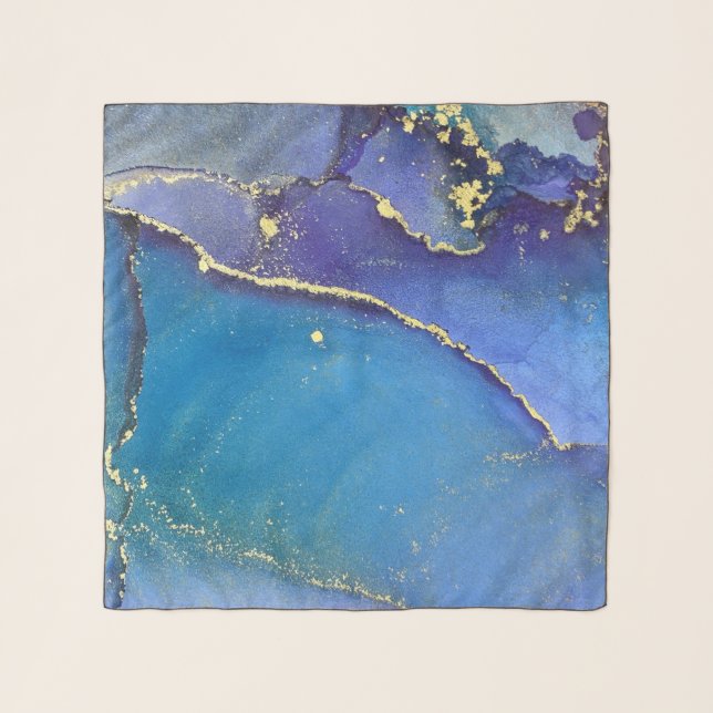 Abstract Alcohol Ink Teal Purple Blue & Gold Scarf (Front)