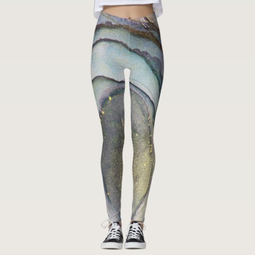Abstract Alcohol Ink Teal Purple Gray Gold Leggings