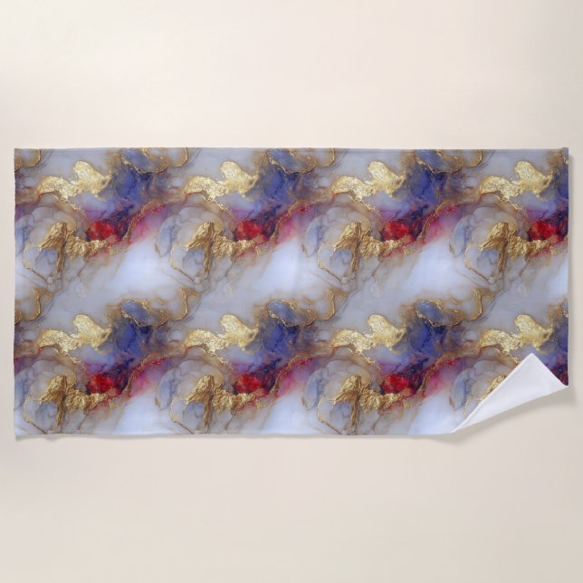 Abstract Alcohol Ink Texture with Gold Accents Beach Towel (Front)