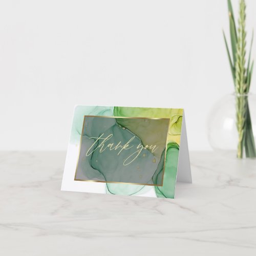 Abstract Alcohol Ink Vibrant Greens and Golds Thank You Card