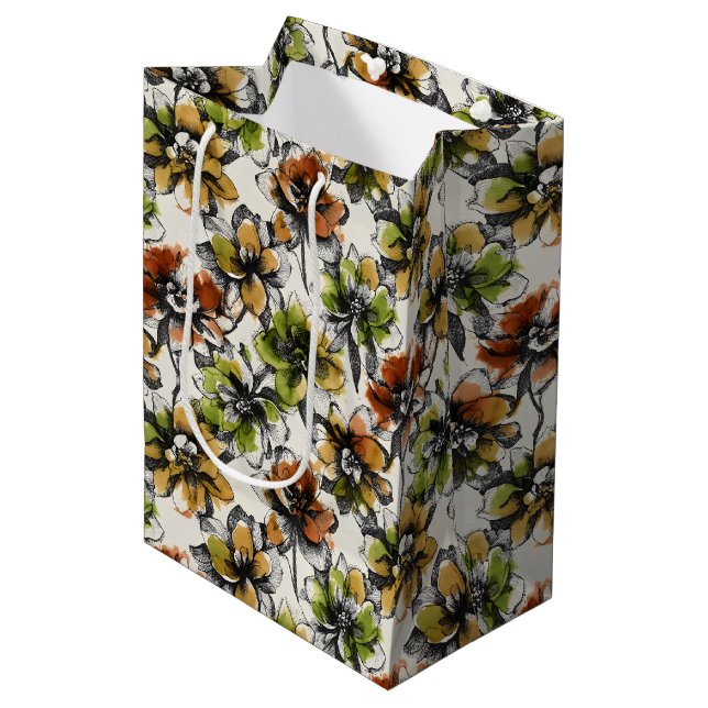 Abstract Alcohol Wash Pen and Ink Flowers Medium Gift Bag (Front Angled)