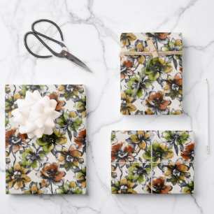Abstract Alcohol Wash Pen and Ink Flowers Wrapping Paper Sheets