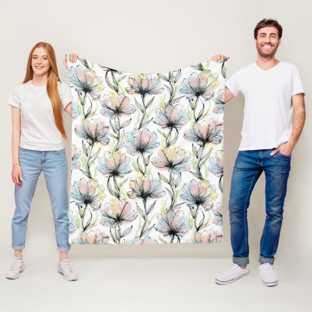 Abstract Alcohol Wash Pen and Ink Large Flowers Fleece Blanket (In Situ)