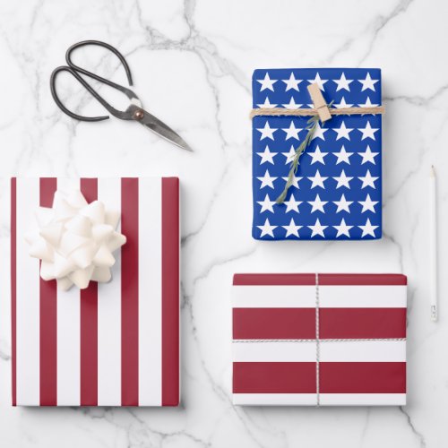 Abstract America Flag Red White Blue Stars Stripes Wrapping Paper Sheets