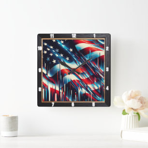 Abstract American Flag Patriotic Square Wall Clock