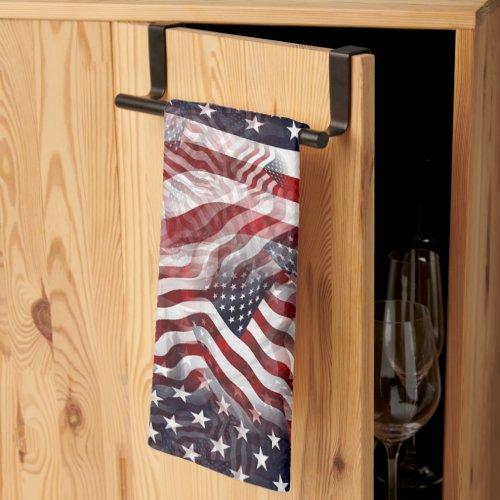 Abstract American Red White Blue Flag Motif Kitchen Towel