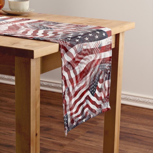 Abstract American Red White Blue Flag Motif Long Table Runner (In Situ)