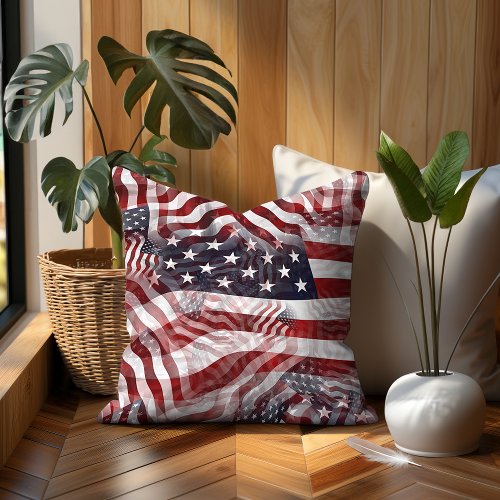 Abstract American Red White Blue Flag Motif Throw Pillow