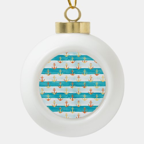 Abstract anchors watercolor stripe pattern ceramic ball christmas ornament