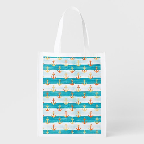 Abstract anchors watercolor stripe pattern grocery bag