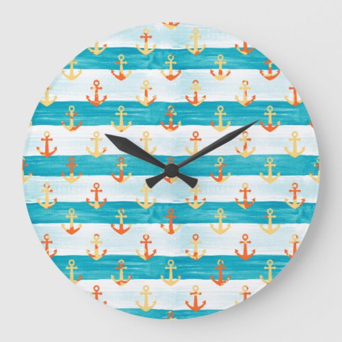 Abstract anchors watercolor stripe pattern large clock
