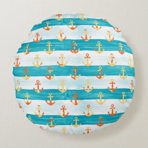 Abstract anchors watercolor stripe pattern round pillow