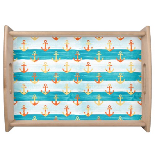 Abstract anchors watercolor stripe pattern serving tray