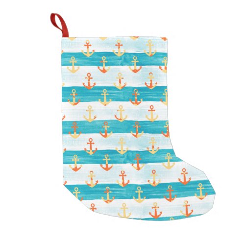 Abstract anchors watercolor stripe pattern small christmas stocking
