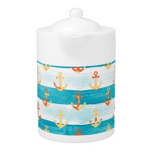 Abstract anchors watercolor stripe pattern teapot