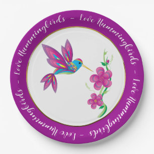 Abstract and Colorful Hummingbird and Flowers Paper Plates