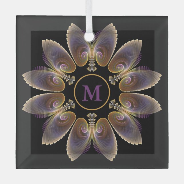 Abstract Angel Wings Mandala Fractal Monogram Glass Ornament (Front)