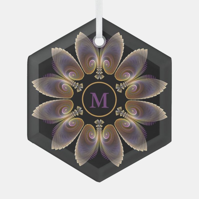 Abstract Angel Wings Mandala Fractal Monogram Glass Ornament (Front)