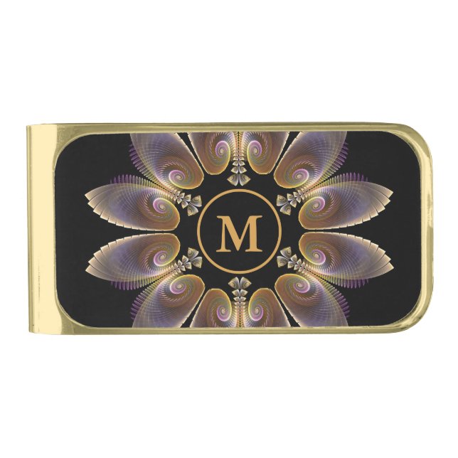Abstract Angel Wings Mandala Fractal Monogram Gold Finish Money Clip (Front)