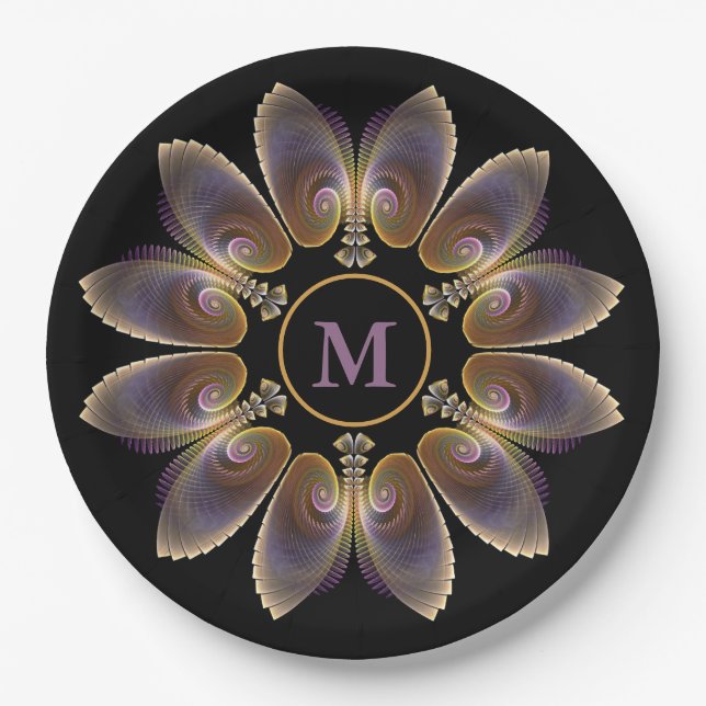 Abstract Angel Wings Mandala Fractal Monogram Paper Plates (Front)