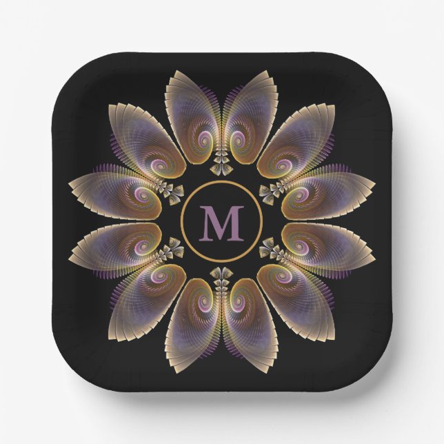 Abstract Angel Wings Mandala Fractal Monogram Paper Plates (Front)