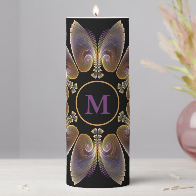 Abstract Angel Wings Mandala Fractal Monogram Pillar Candle (In Situ)