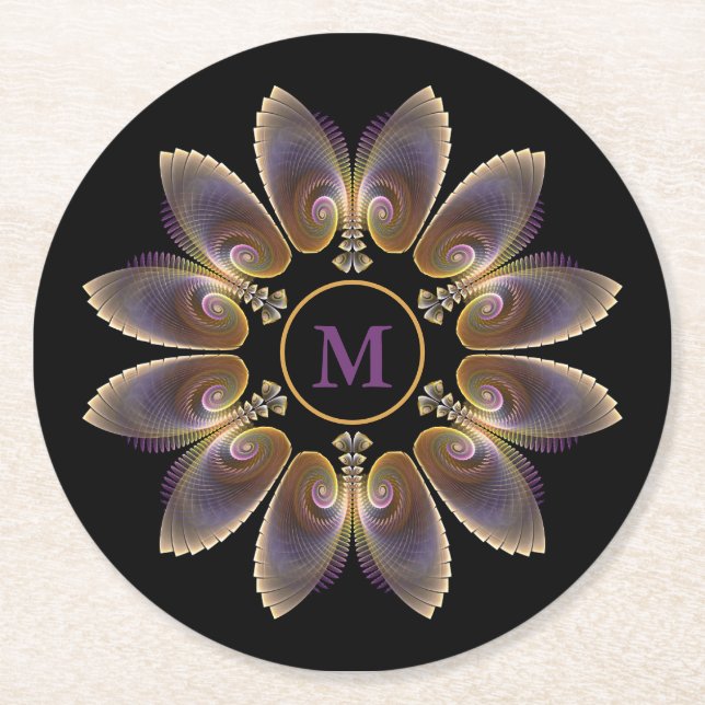 Abstract Angel Wings Mandala Fractal Monogram Round Paper Coaster (Front)