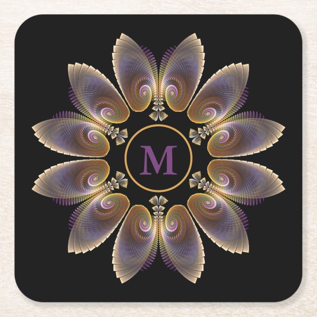 Abstract Angel Wings Mandala Fractal Monogram Square Paper Coaster (Front)