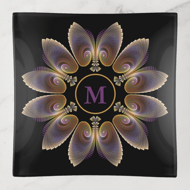 Abstract Angel Wings Mandala Fractal Monogram Trinket Tray (Front)