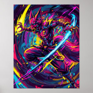 Abstract Anime: Neon Kitsune Warrior Poster