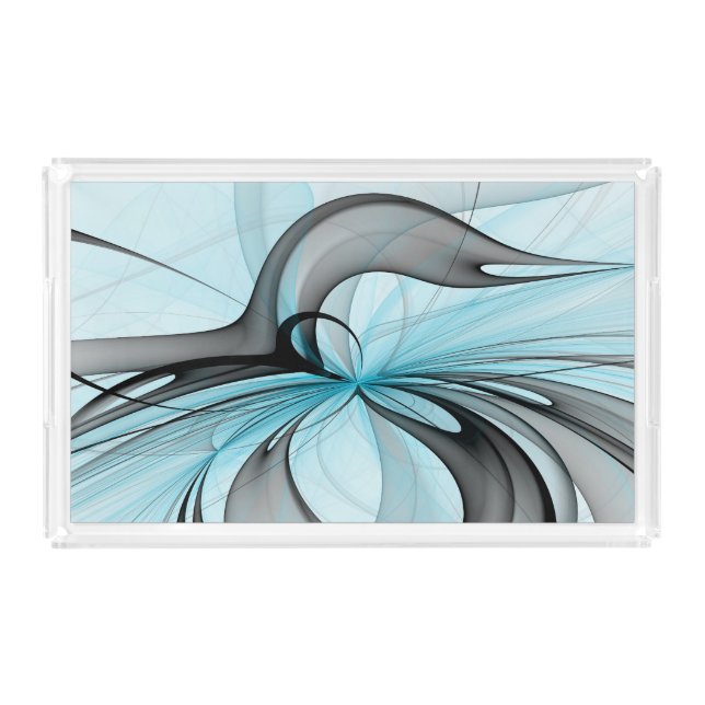 Abstract Anthracite Gray Blue Modern Fractal Art Acrylic Tray (Front)