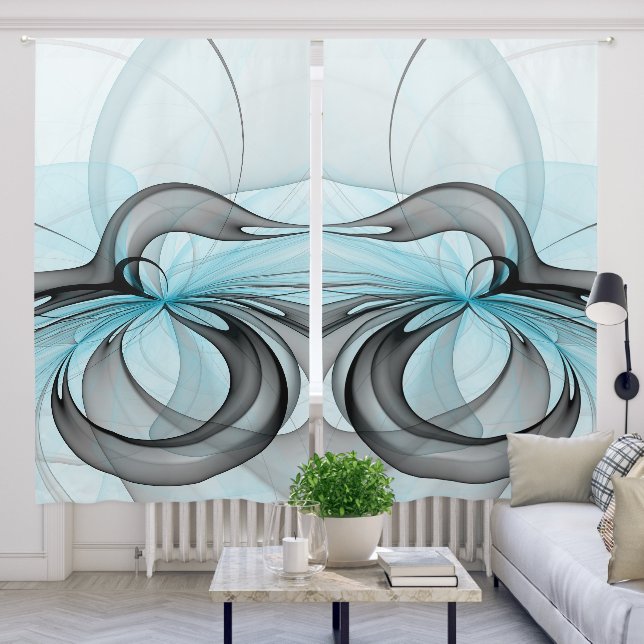 Abstract Anthracite Gray Blue Modern Fractal Art Blackout Curtains (Living Room)