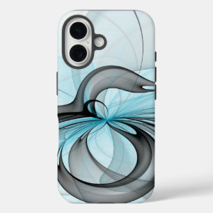 Abstract Anthracite Gray Blue Modern Fractal Art iPhone 16 Case