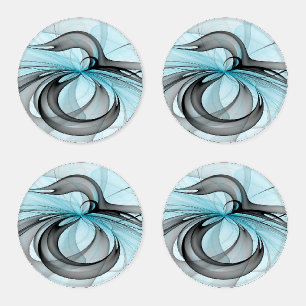 Abstract Anthracite Gray Blue Modern Fractal Art Coaster Set